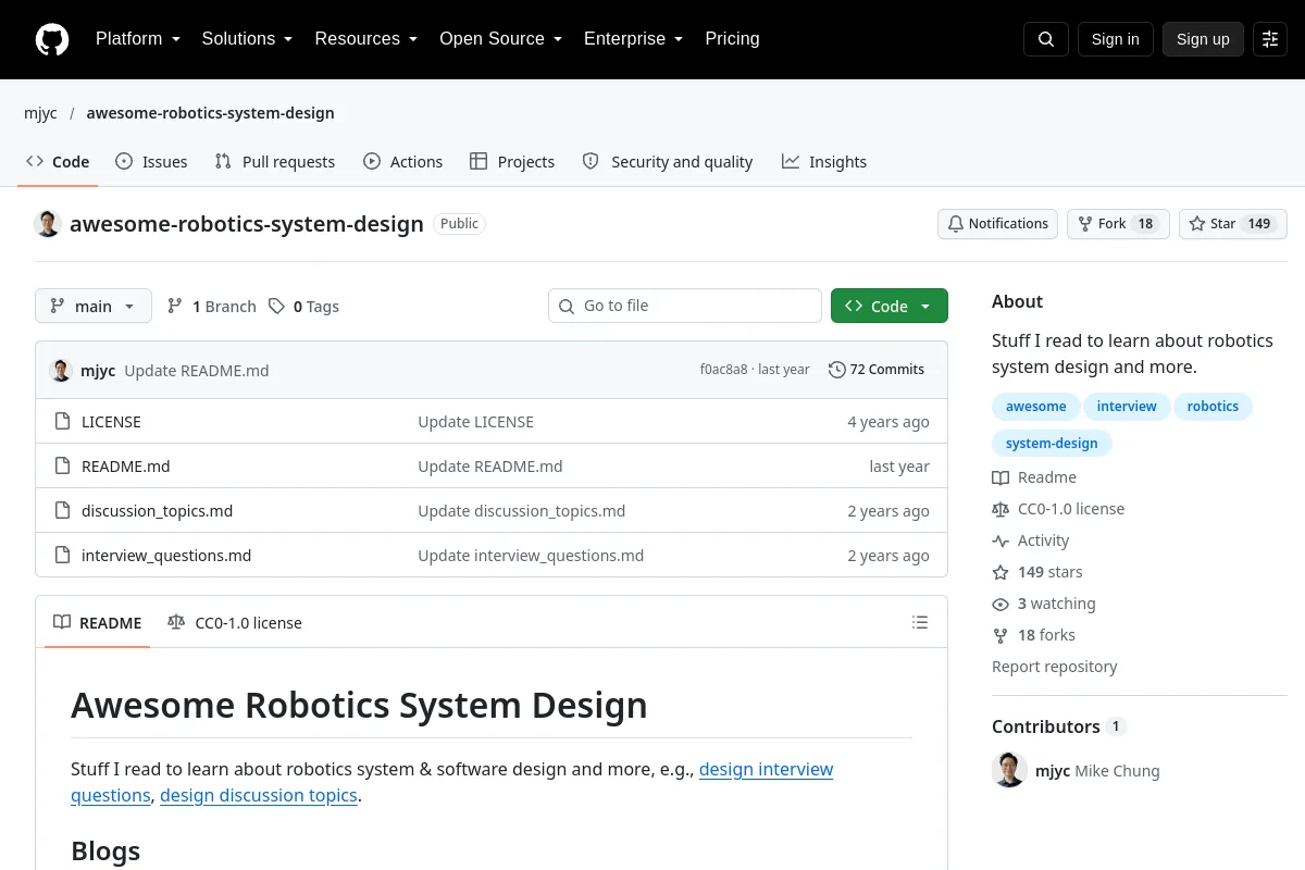 awesome robotics system design · mjyc resource page screenshot