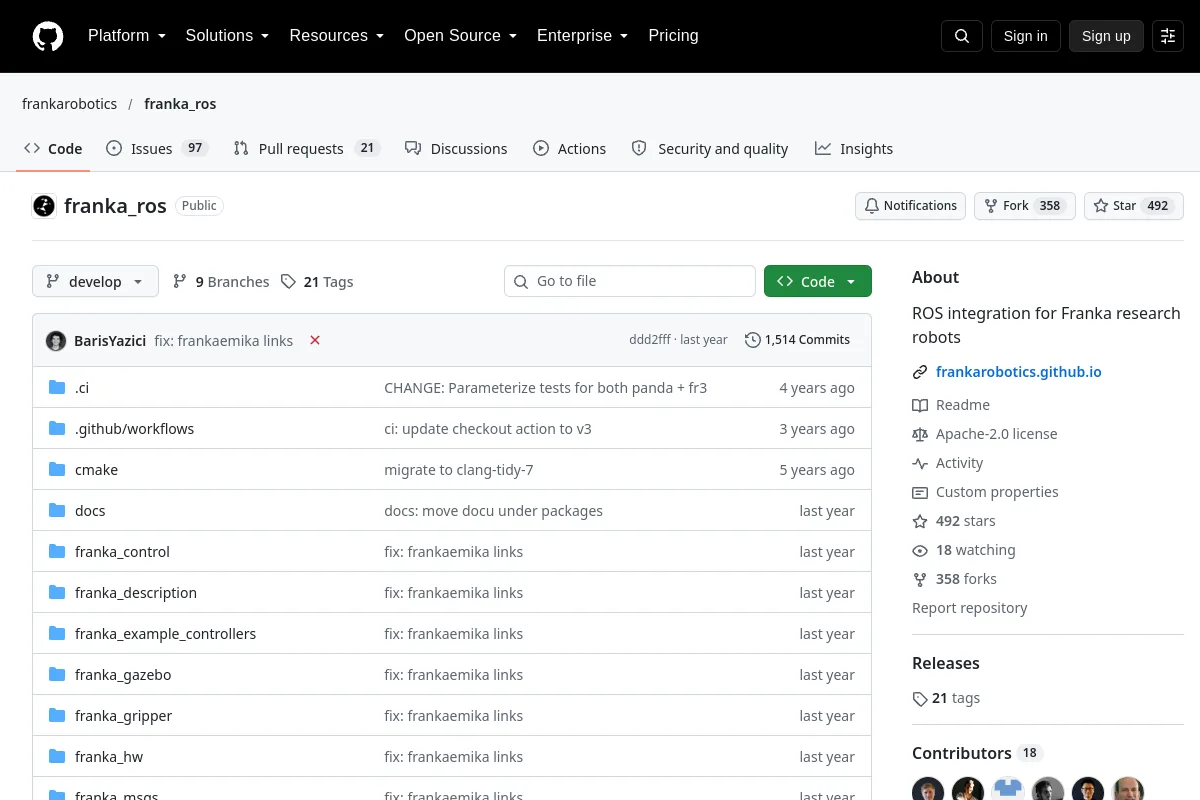 franka ros · frankarobotics resource page screenshot