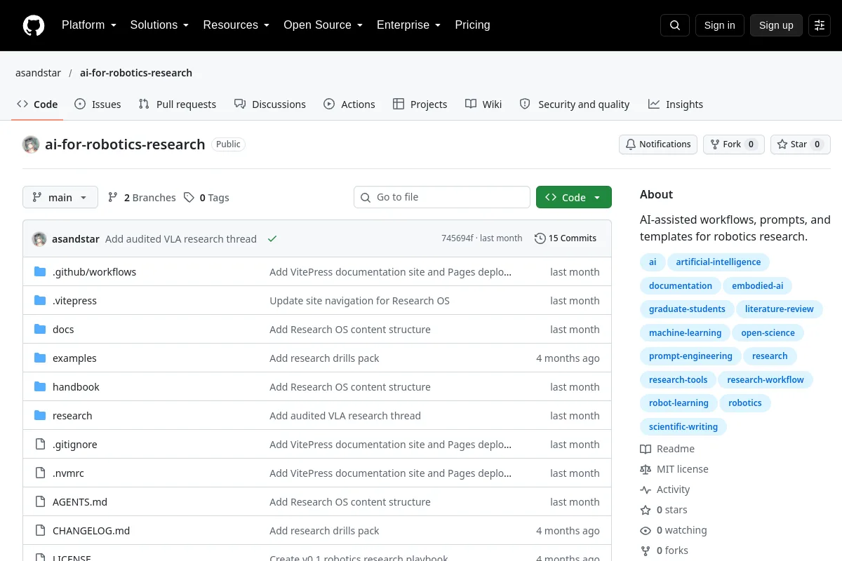 ai for robotics research · asandstar resource page screenshot