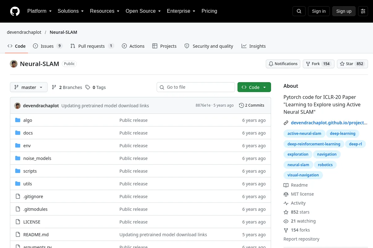 Neural SLAM · devendrachaplot website or repository screenshot
