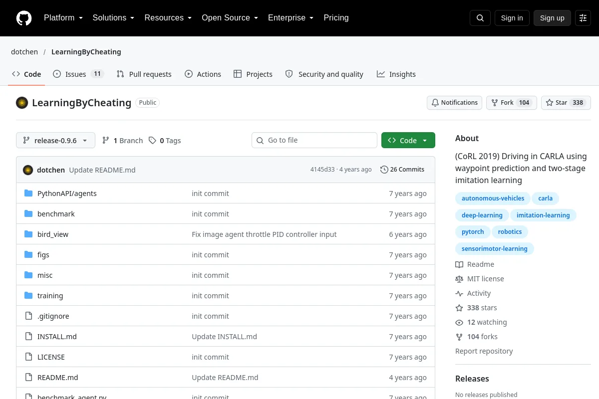 LearningByCheating · dotchen resource page screenshot