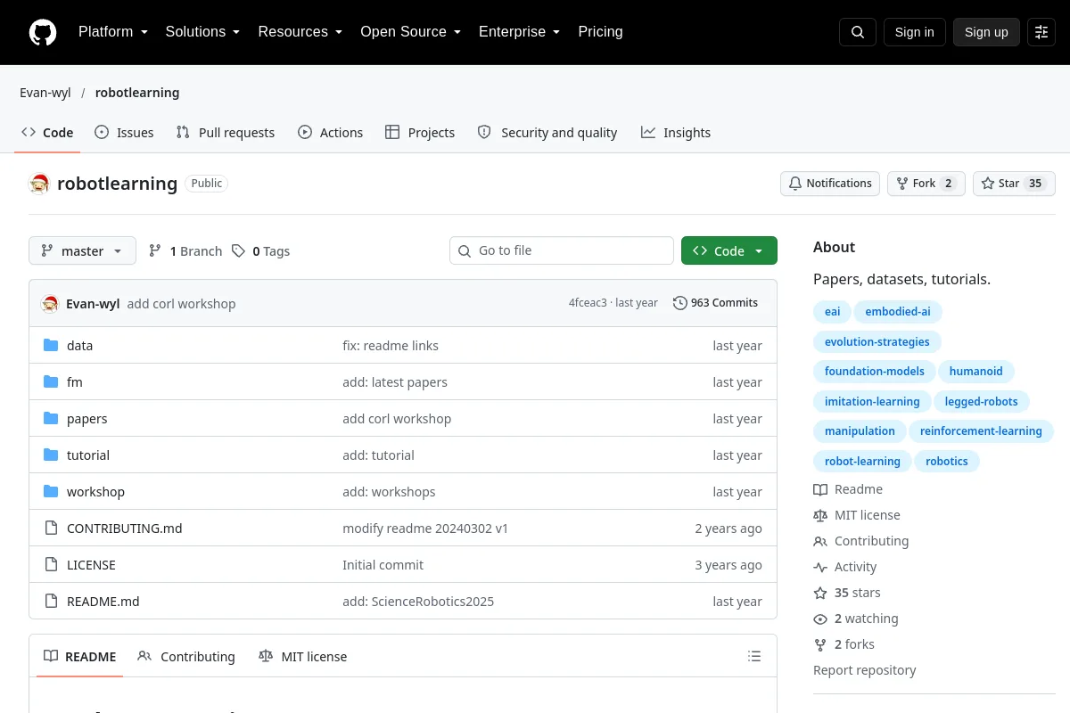 robotlearning · Evan-wyl resource page screenshot