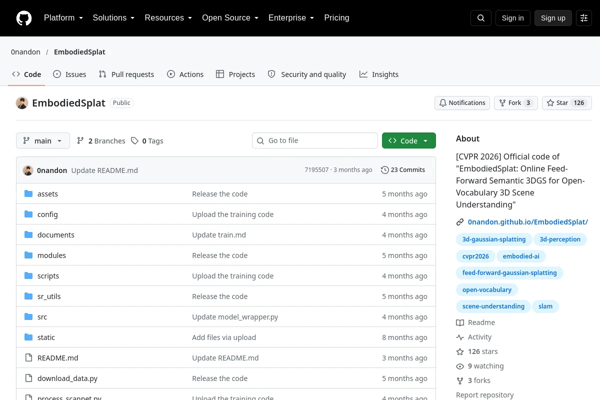 EmbodiedSplat · 0nandon website or repository screenshot