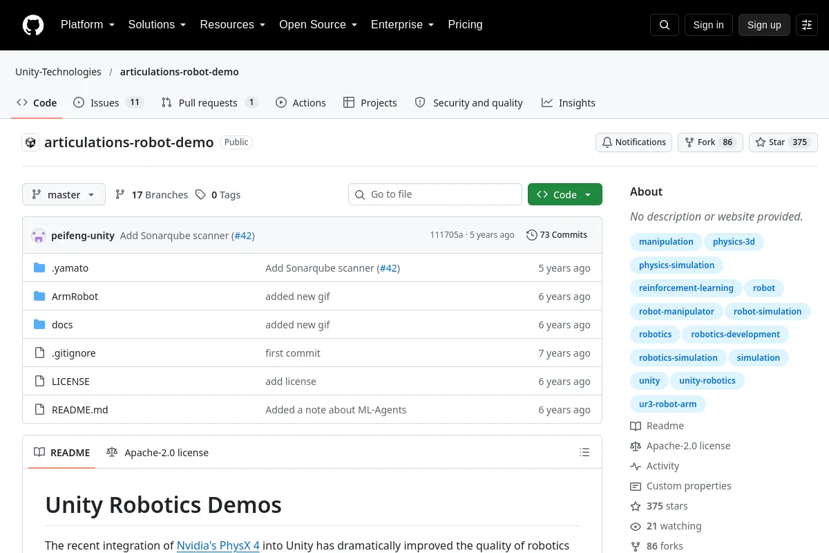 articulations-robot-demo · Unity-Technologies resource page screenshot