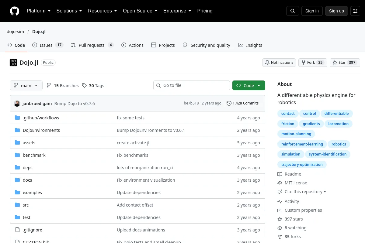 Dojo.jl · dojo-sim website or repository screenshot
