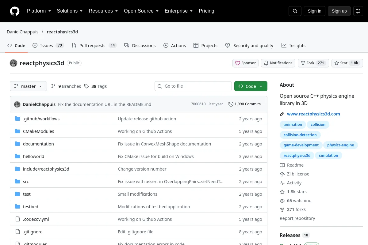 reactphysics3d · DanielChappuis resource page screenshot