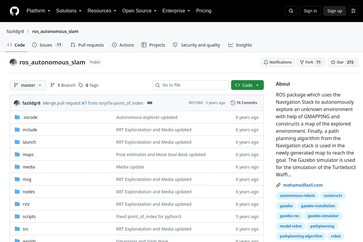 ros_autonomous_slam · fazildgr8 resource page screenshot