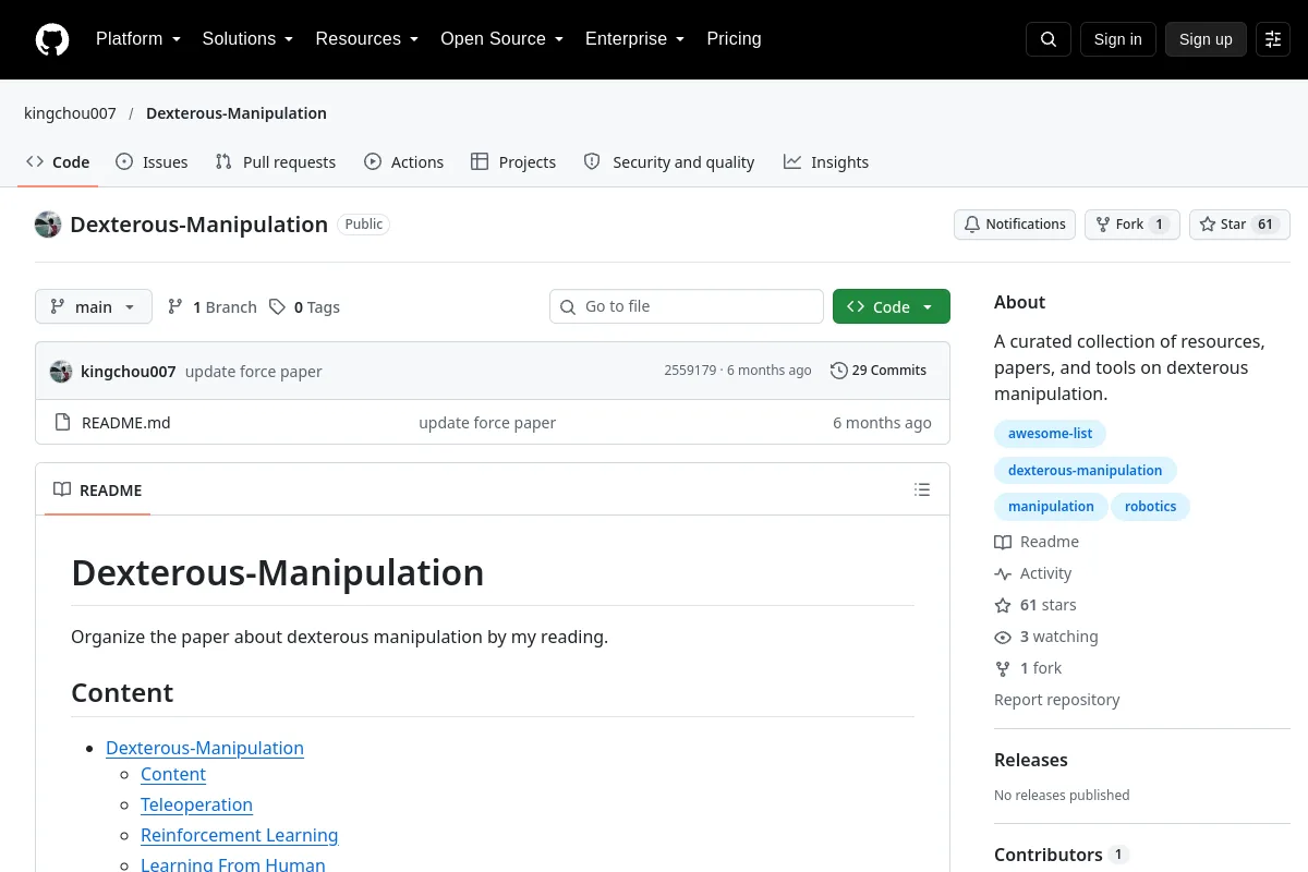 Dexterous-Manipulation · kingchou007 website or repository screenshot