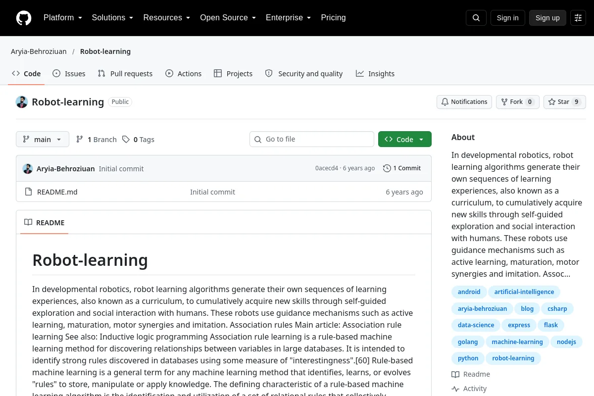 Robot learning · Aryia-Behroziuan website or repository screenshot