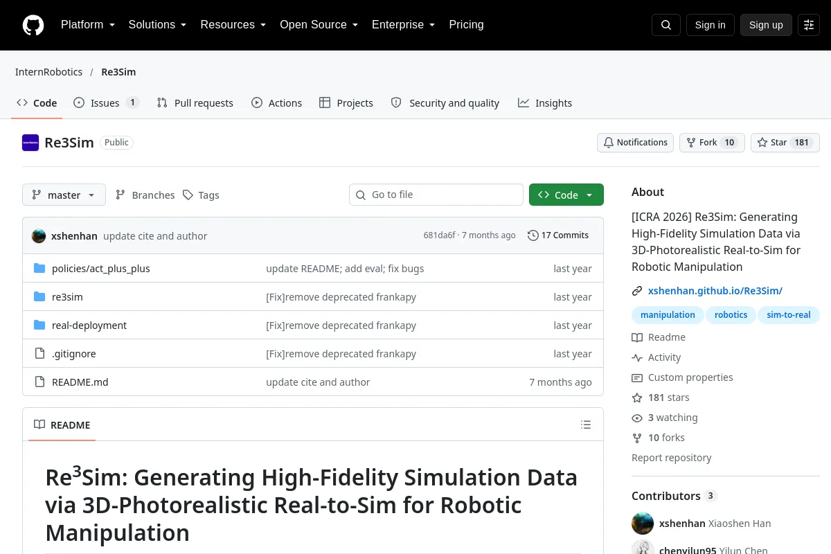 Re3Sim · InternRobotics website or repository screenshot