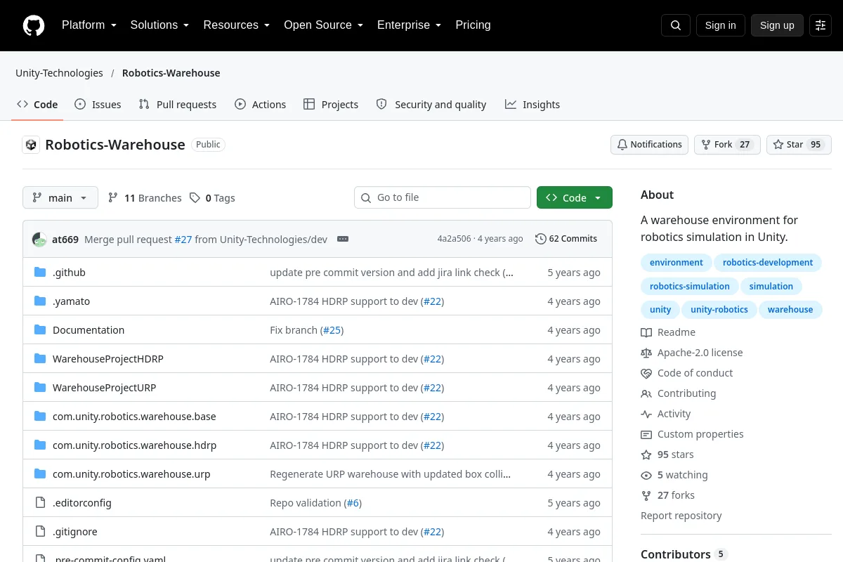 Robotics-Warehouse · Unity-Technologies resource page screenshot