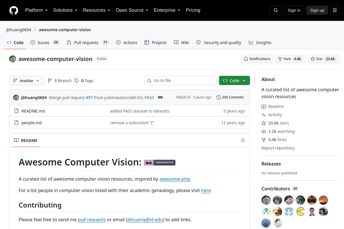awesome computer vision · jbhuang0604 website or repository screenshot