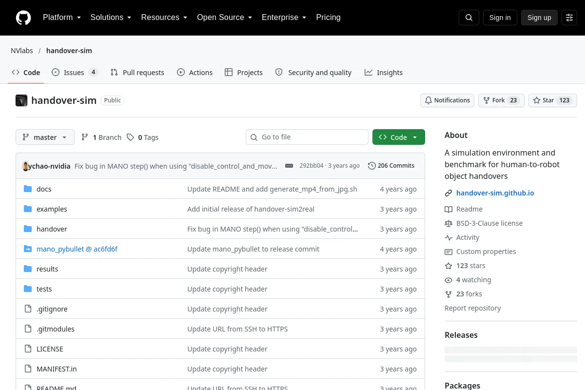 handover-sim · NVlabs website or repository screenshot