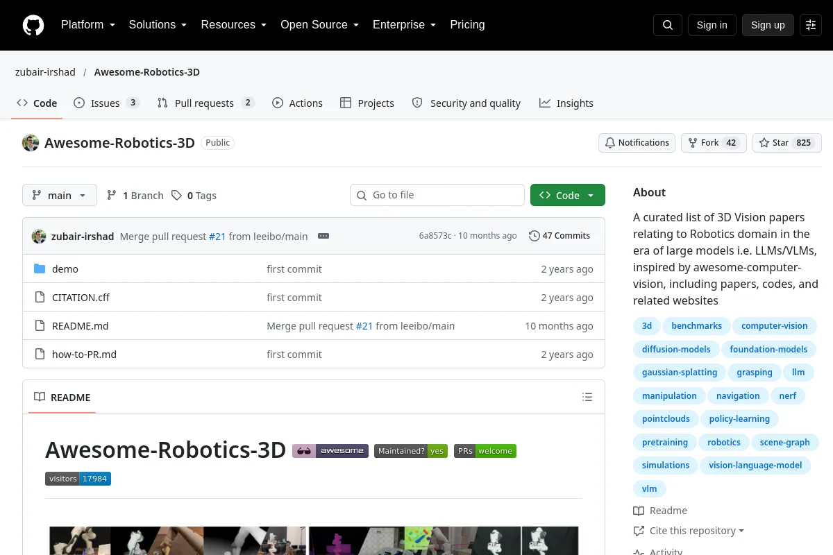 Awesome Robotics 3D · zubair-irshad website or repository screenshot