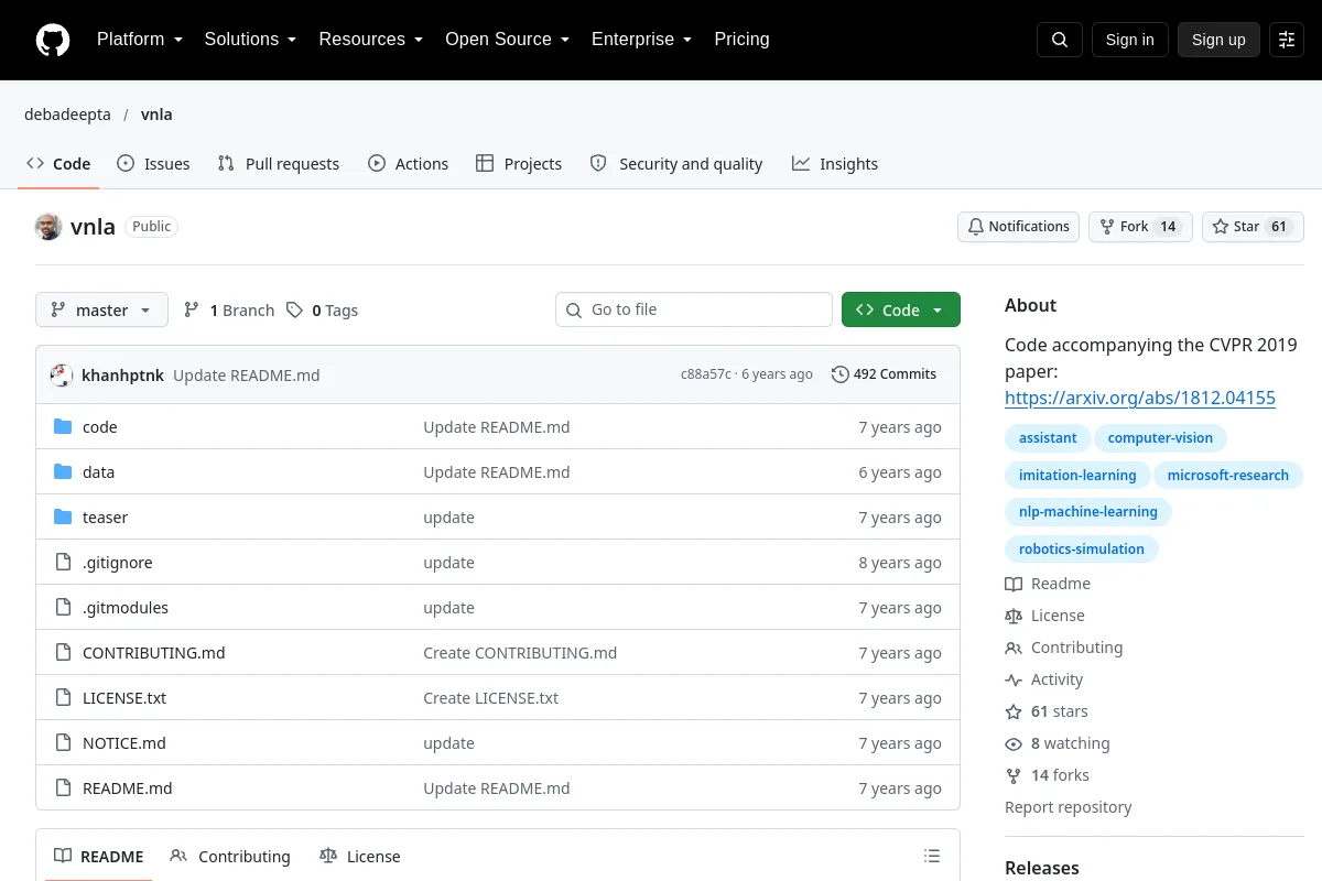 vnla · debadeepta website or repository screenshot