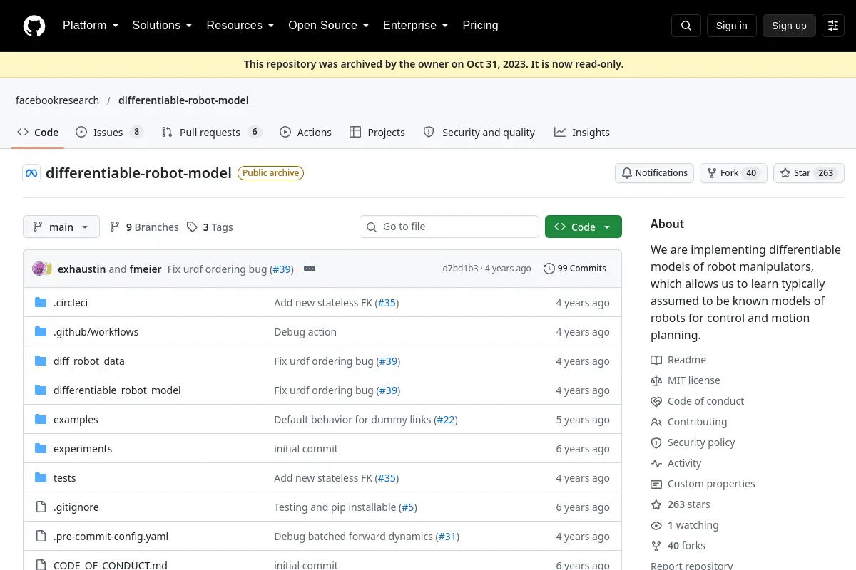 differentiable robot model · facebookresearch website or repository screenshot