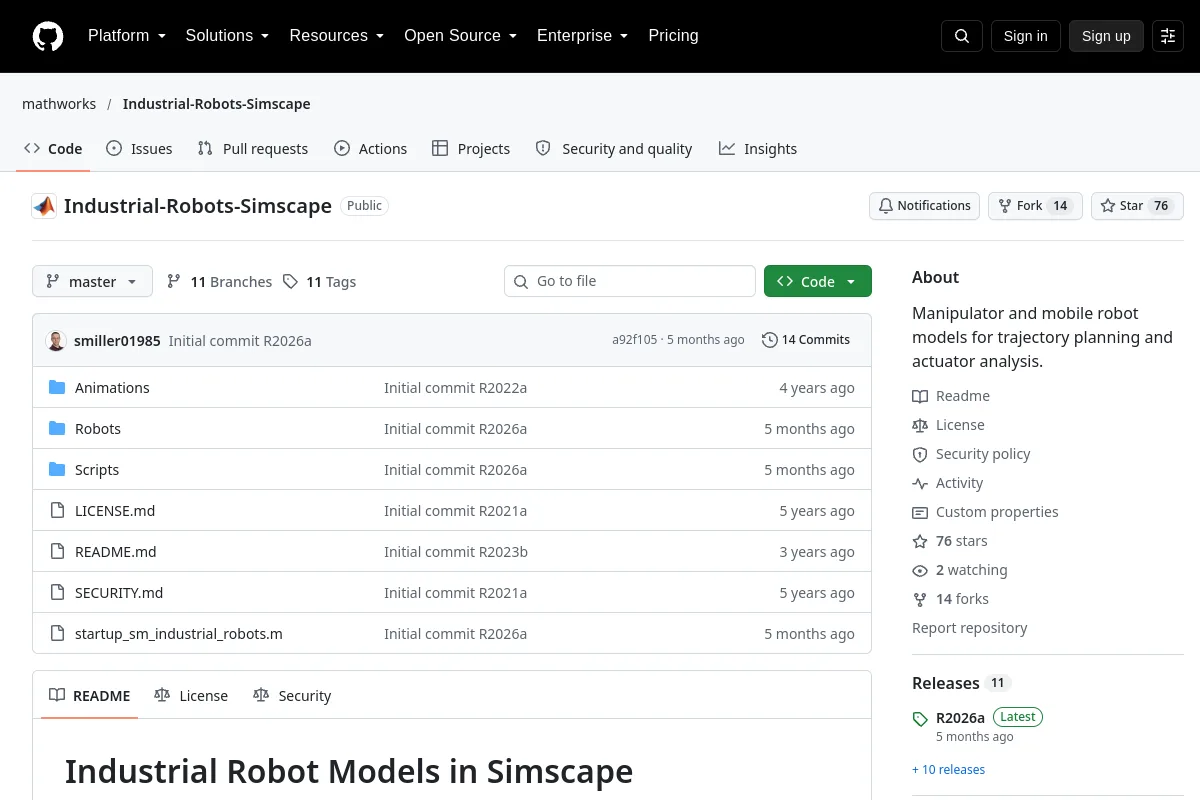 Industrial-Robots-Simscape · mathworks website or repository screenshot