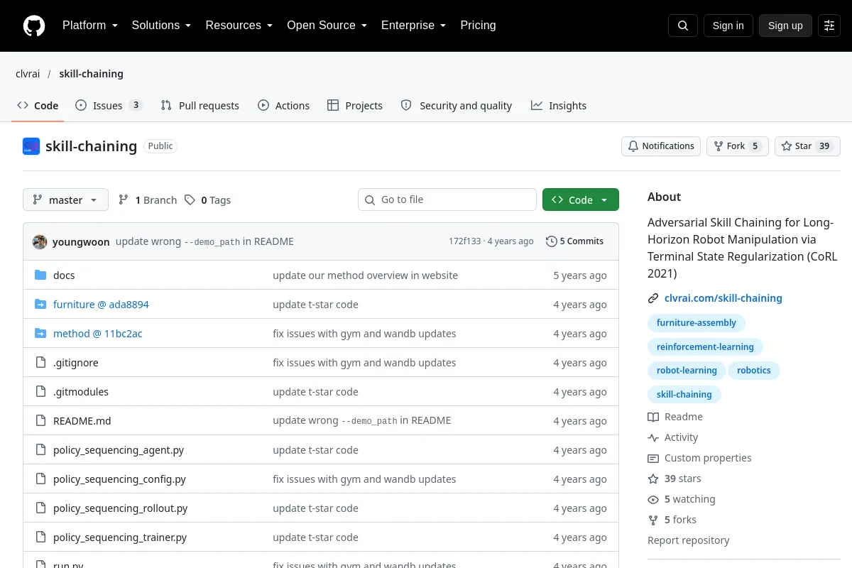 skill chaining · clvrai resource page screenshot