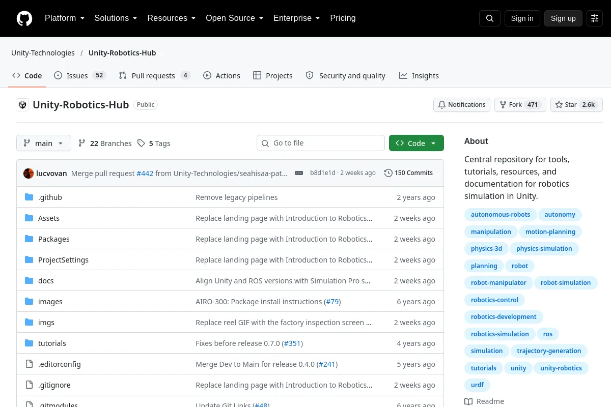 Unity Robotics Hub · Unity-Technologies resource page screenshot