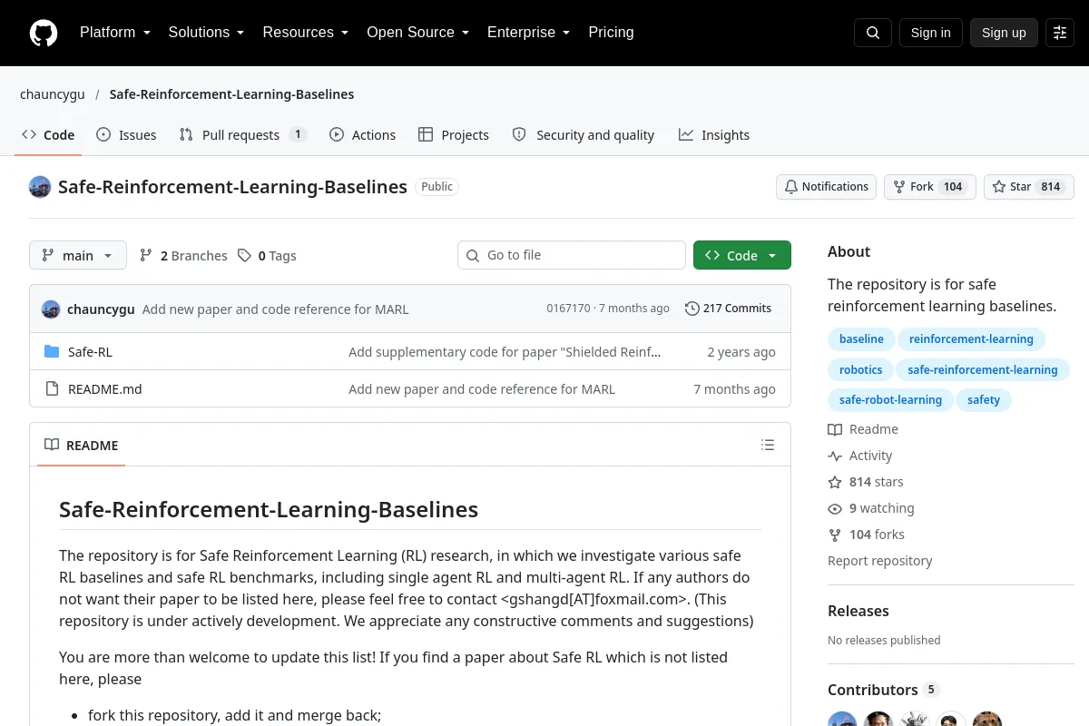 Safe Reinforcement Learning Baselines · chauncygu resource page screenshot