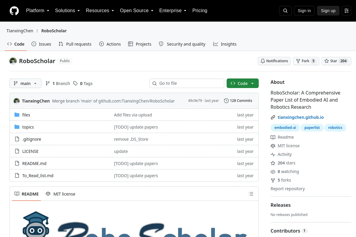 RoboScholar · TianxingChen website or repository screenshot