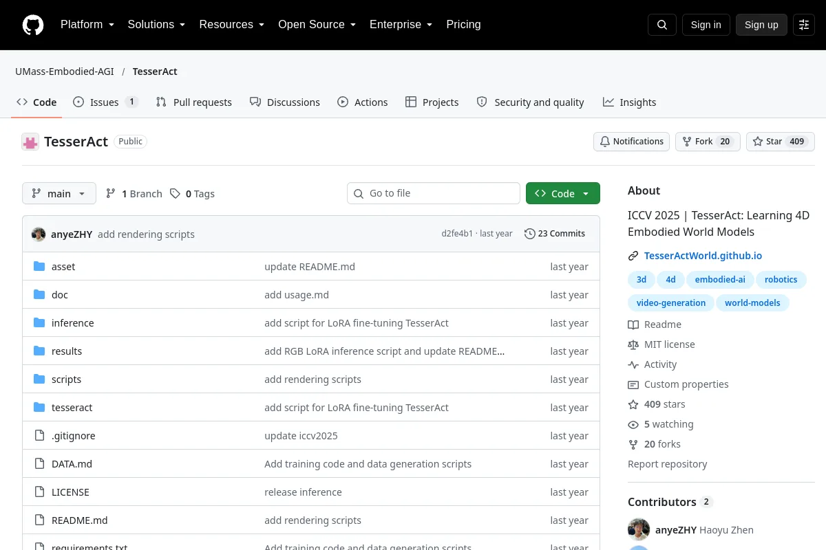 TesserAct · UMass-Embodied-AGI resource page screenshot