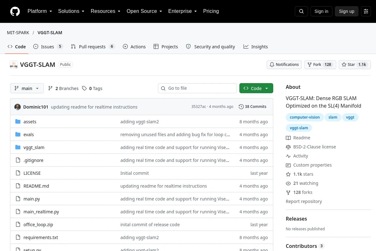 VGGT-SLAM · MIT-SPARK resource page screenshot