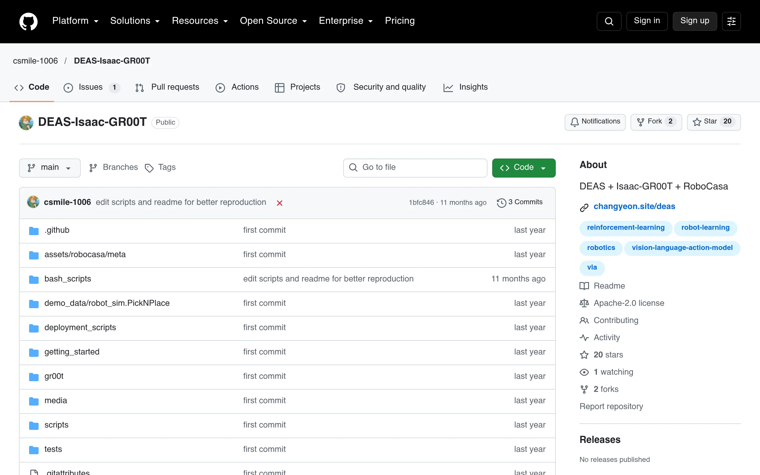 DEAS Isaac GR00T · csmile-1006 website or repository screenshot