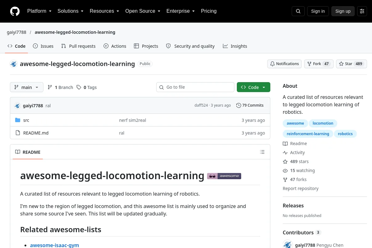 awesome legged locomotion learning · gaiyi7788 resource page screenshot