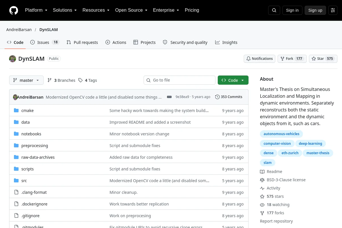 DynSLAM · AndreiBarsan resource page screenshot
