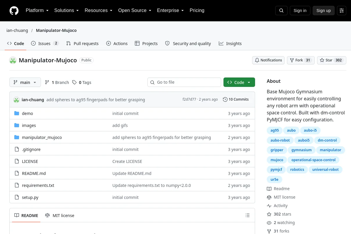 Manipulator-Mujoco · ian-chuang resource page screenshot