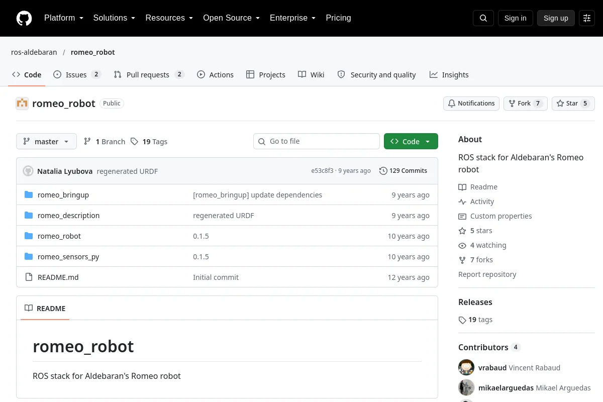 romeo robot · ros-aldebaran resource page screenshot