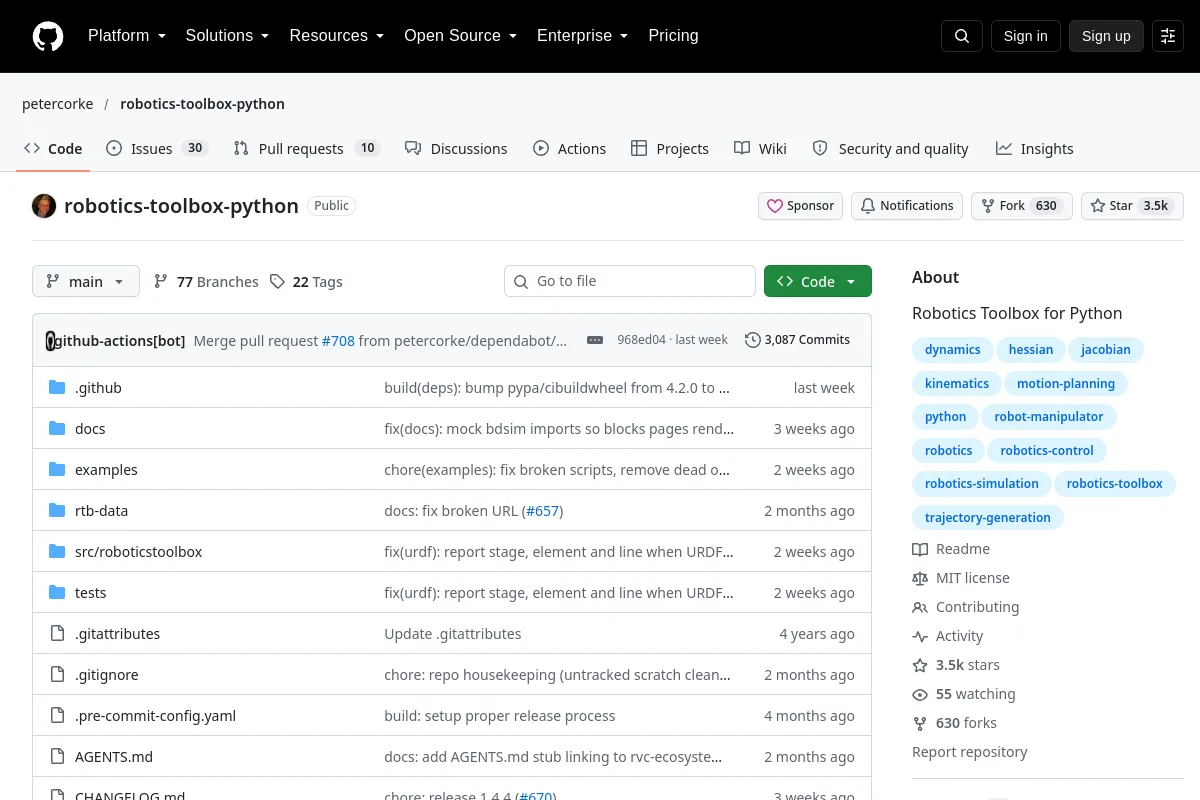 Robotics Toolbox for Python resource page screenshot