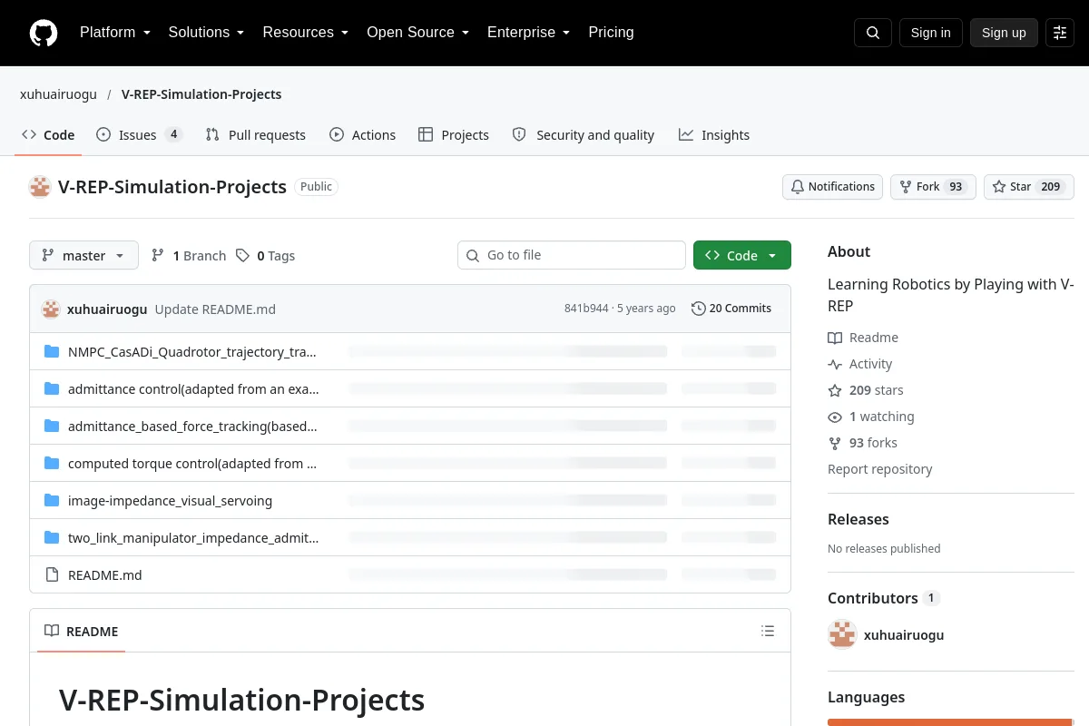 V-REP-Simulation-Projects · xuhuairuogu resource page screenshot