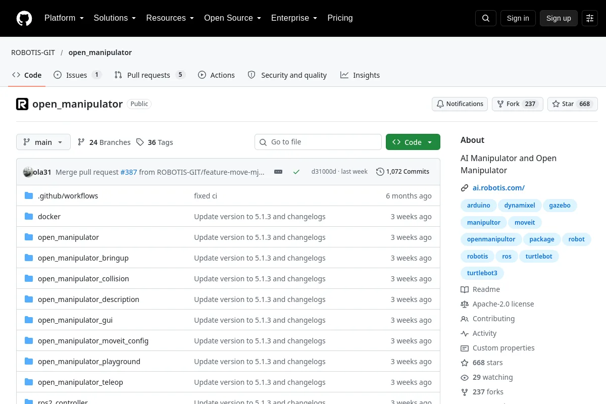 open manipulator · ROBOTIS-GIT website or repository screenshot