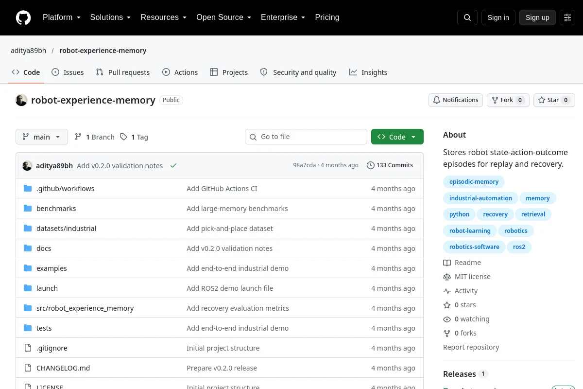 robot experience memory · aditya89bh resource page screenshot