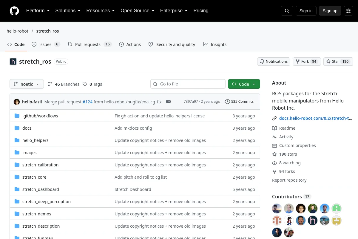 stretch ros · hello-robot website or repository screenshot