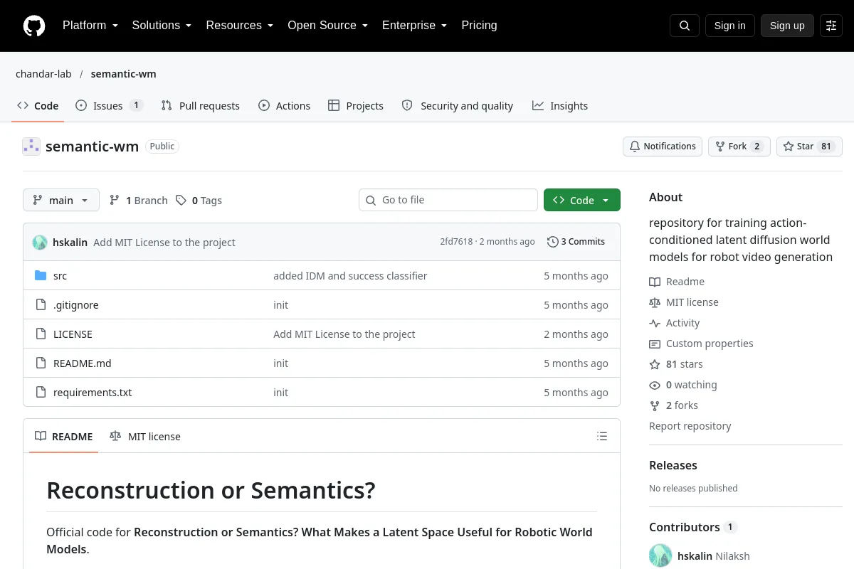 semantic-wm · chandar-lab resource page screenshot