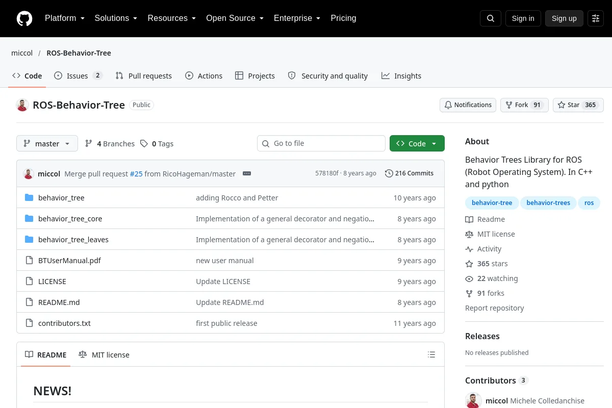 ROS Behavior Tree · miccol website or repository screenshot