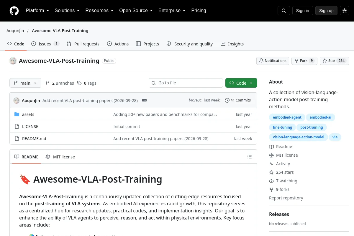 Awesome VLA Post Training · AoqunJin website or repository screenshot