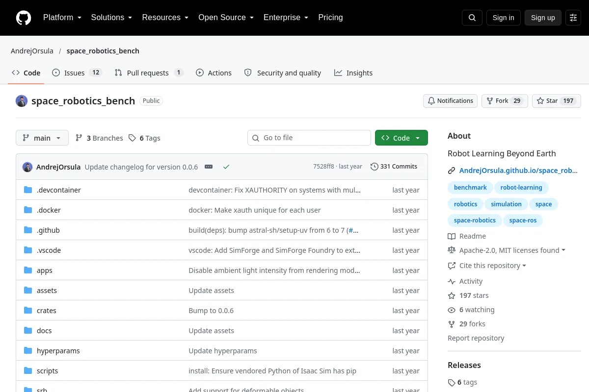 space robotics bench · AndrejOrsula website or repository screenshot