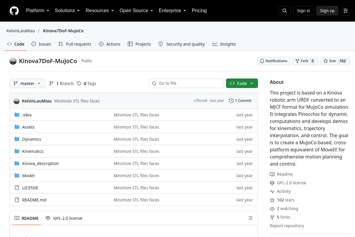 Kinova7DoF-MuJoCo · KelvinLauMiau resource page screenshot