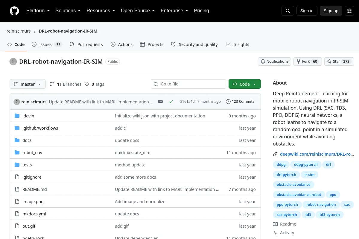 DRL-robot-navigation-IR-SIM · reiniscimurs website or repository screenshot