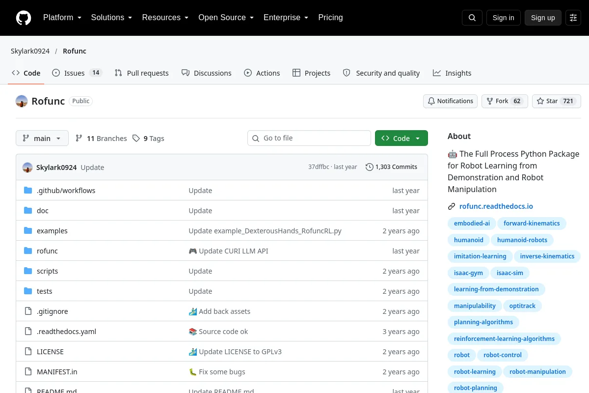 Rofunc · Skylark0924 resource page screenshot