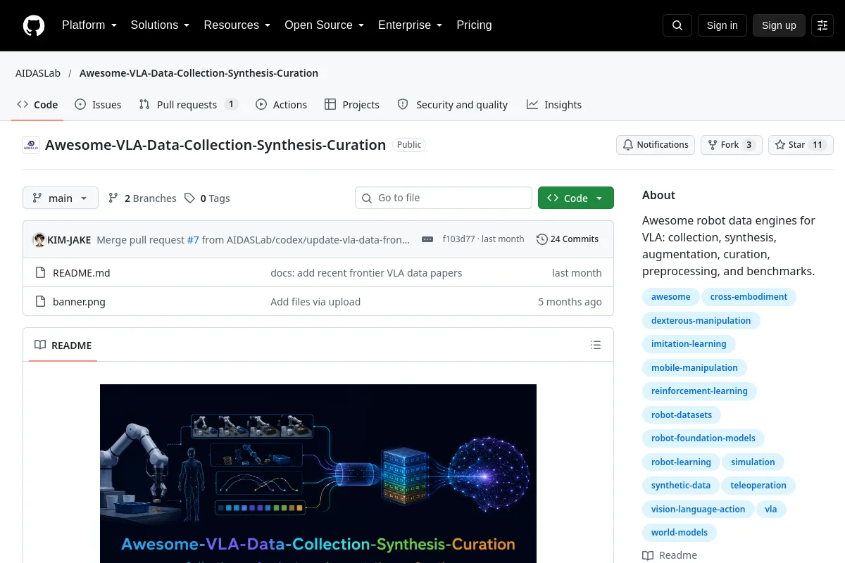 Awesome VLA Data Collection Synthesis Curation · AIDASLab resource page screenshot