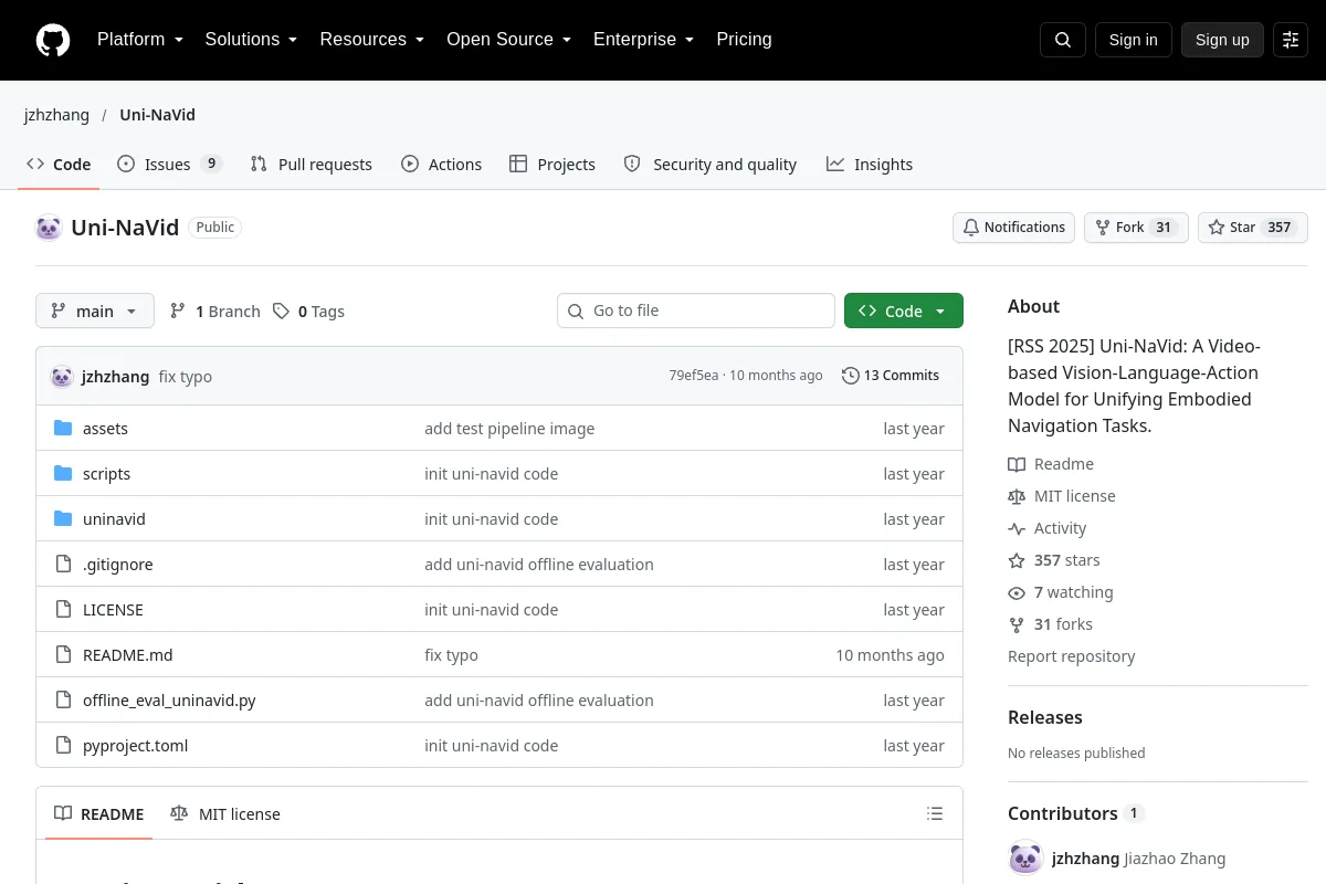 Uni-NaVid · jzhzhang website or repository screenshot