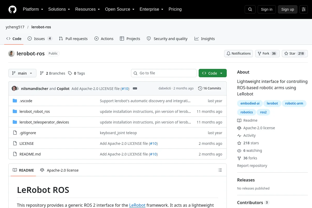lerobot-ros · ycheng517 resource page screenshot