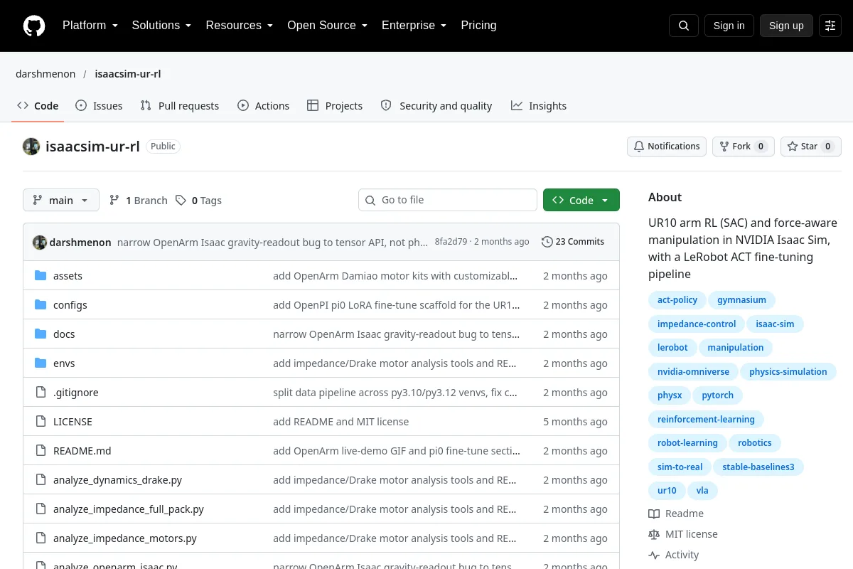 isaacsim ur rl · darshmenon resource page screenshot