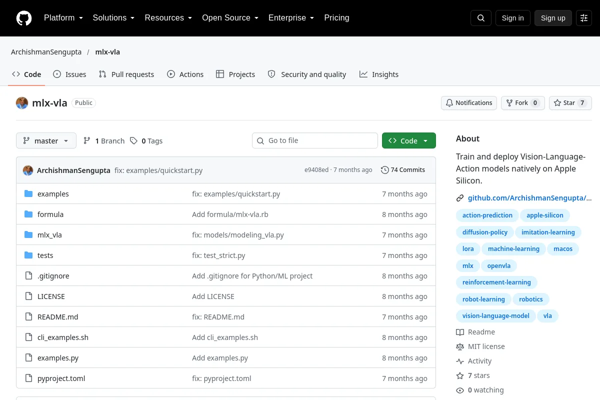 mlx vla · ArchishmanSengupta resource page screenshot