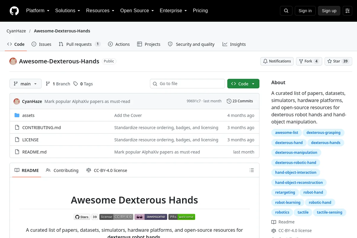 Awesome Dexterous Hands · CyanHaze website or repository screenshot